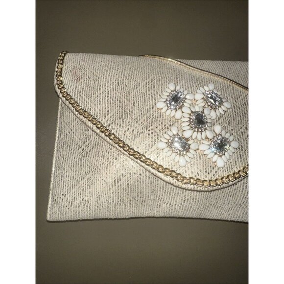 Kate Landry Cream Gold Chain White Jewel Stone Convertible Cocktail Clutch Purse - Picture 2 of 10